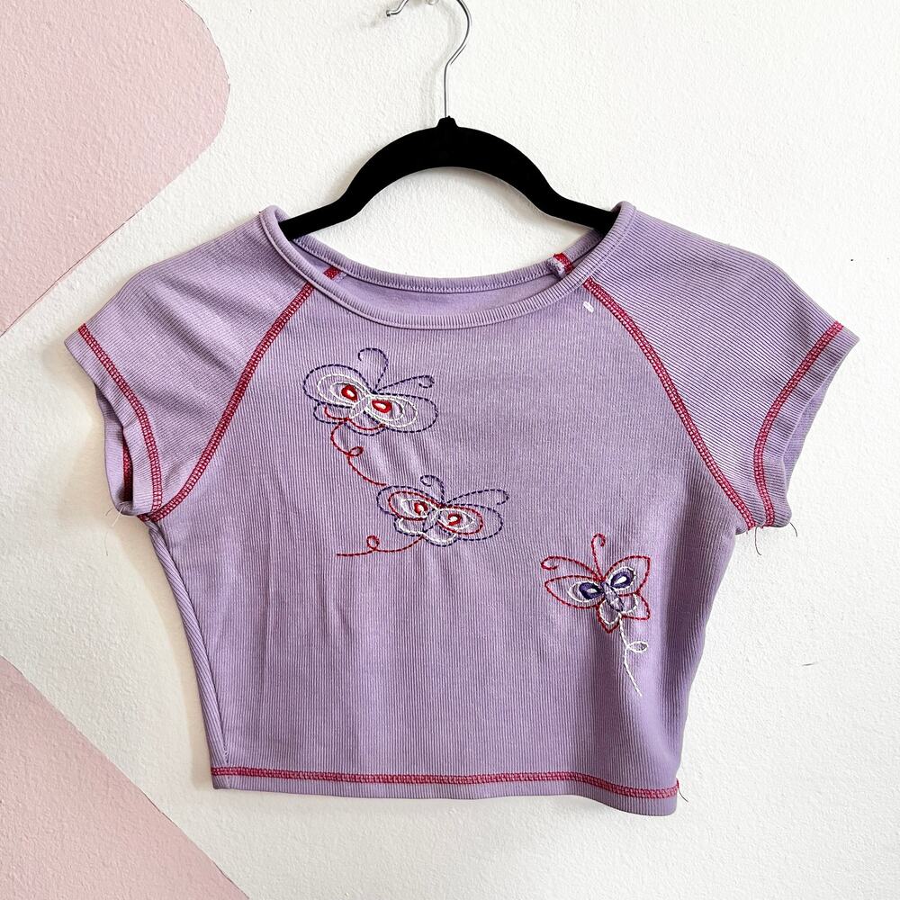 Vintage Butterfly Embroidered Women's cropped baby tee 90s y2k purple fairycore